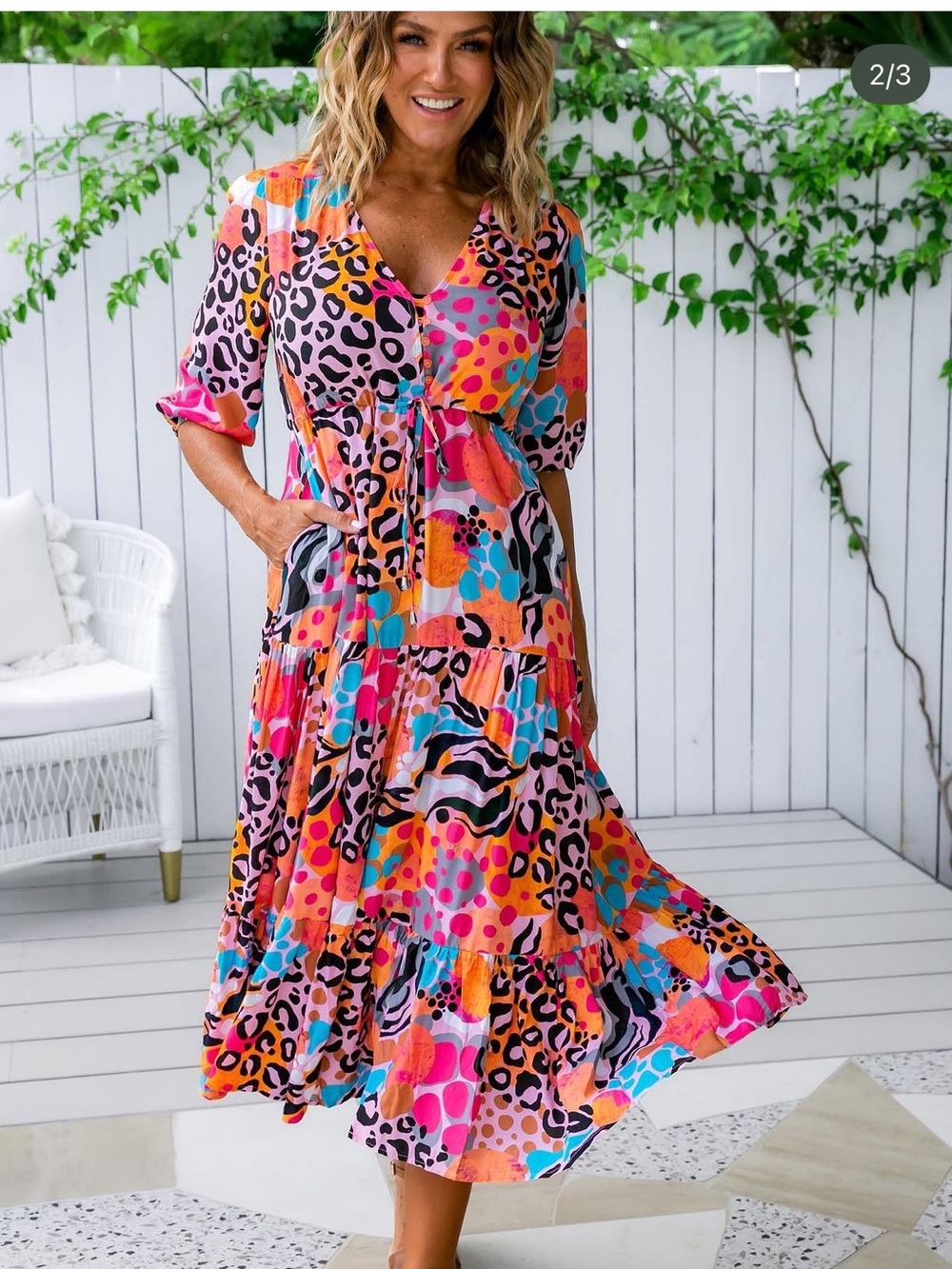 Proud poppy Colorblock Animal Print Tiered Midi Dress in Pink & Orange